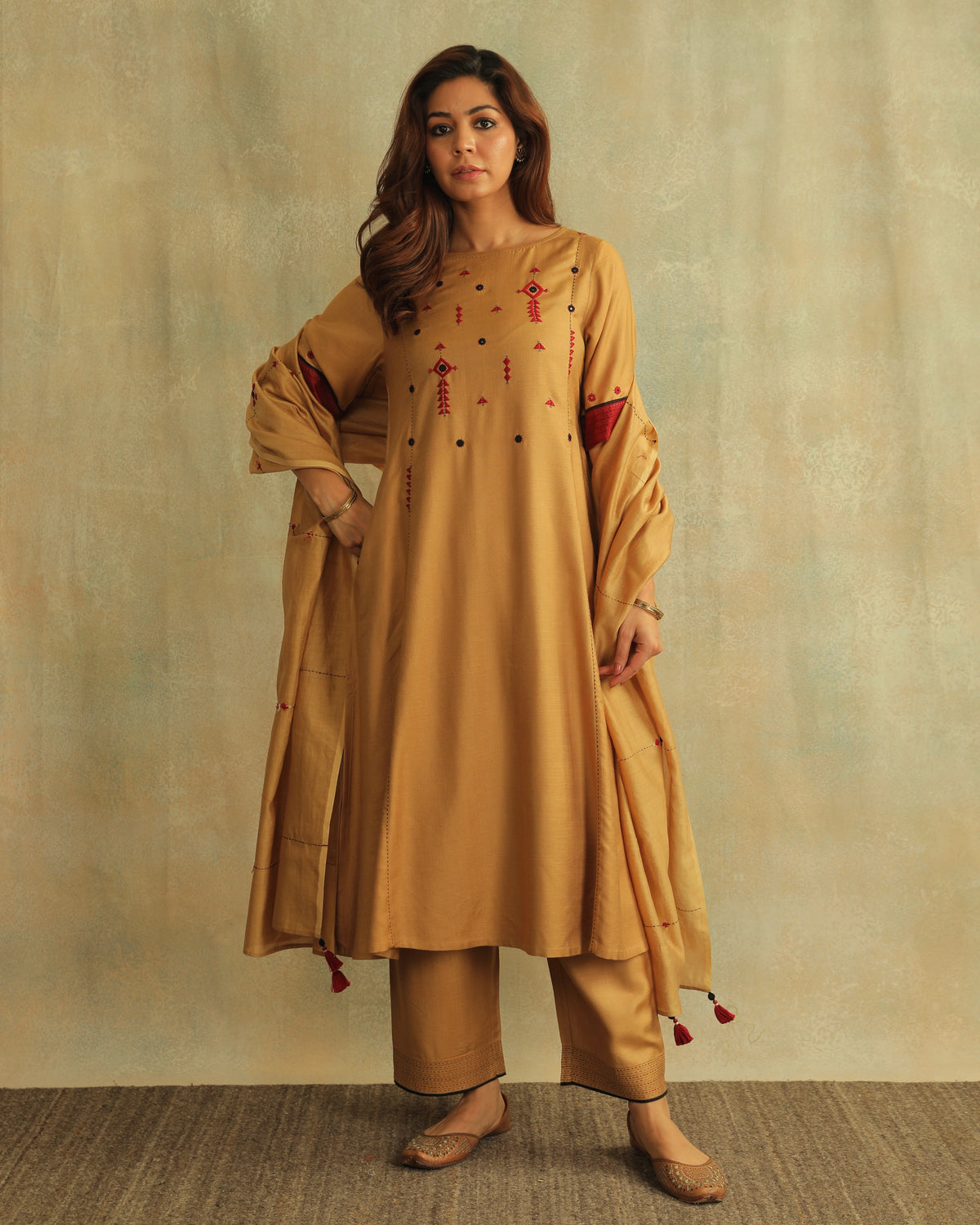 Pratha Badami Round-Neck Cotton-Silk Kurta With Soof Hand Embroidery