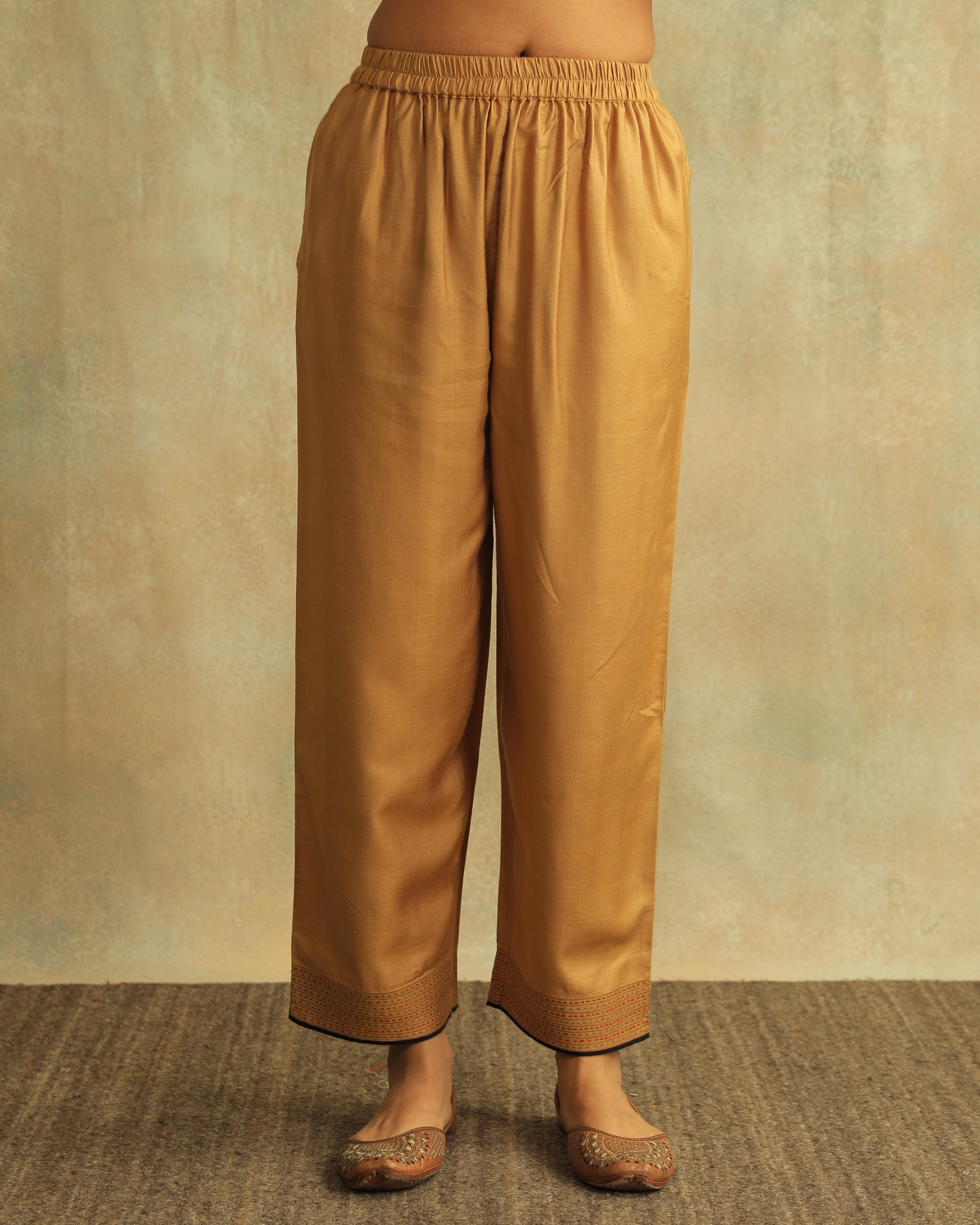 Pratha Badami Straight-Fit Cotton Silk Pant With Soof Hand Embroidery