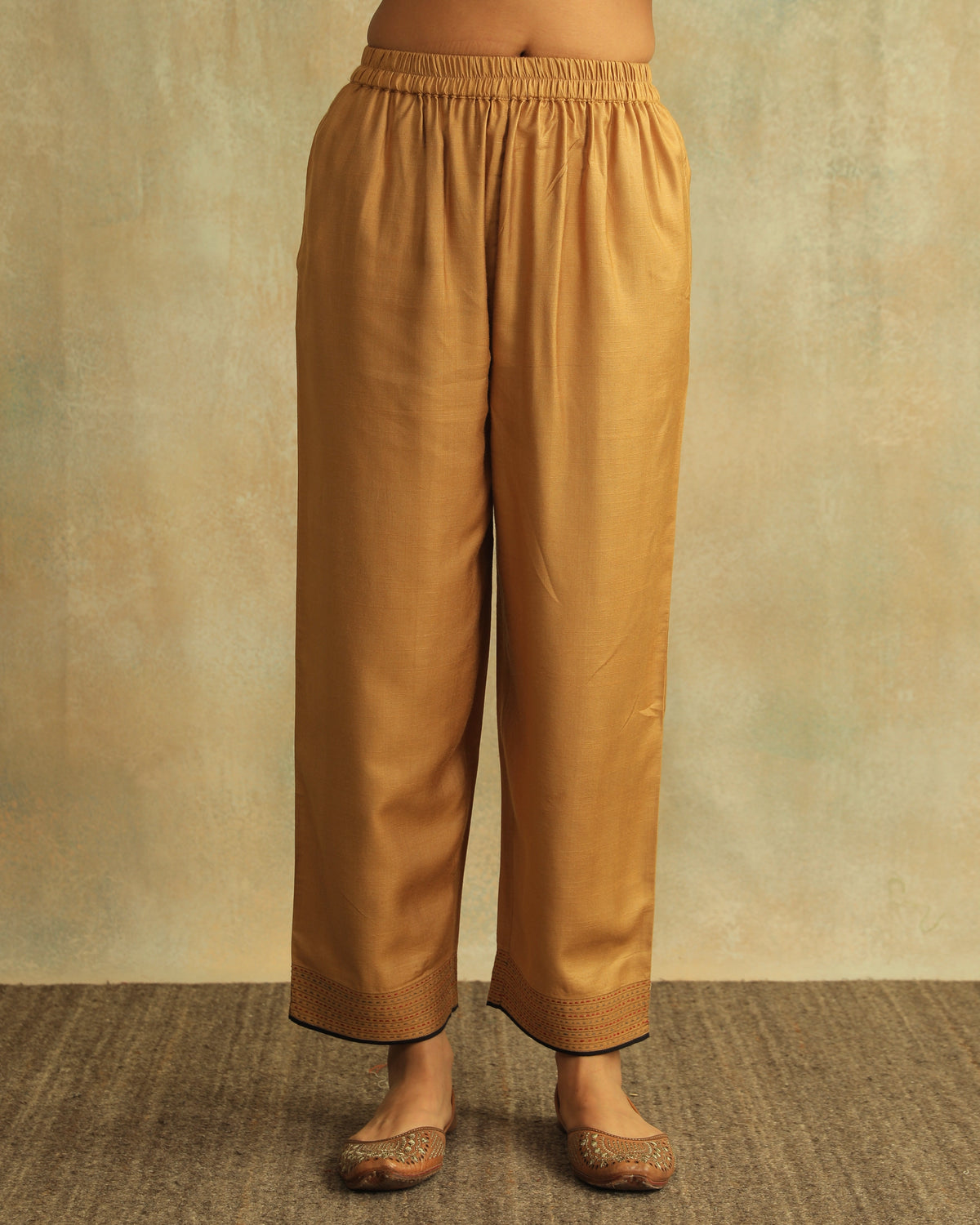 Pratha Badami Straight-Fit Cotton Silk Pant With Soof Hand Embroidery