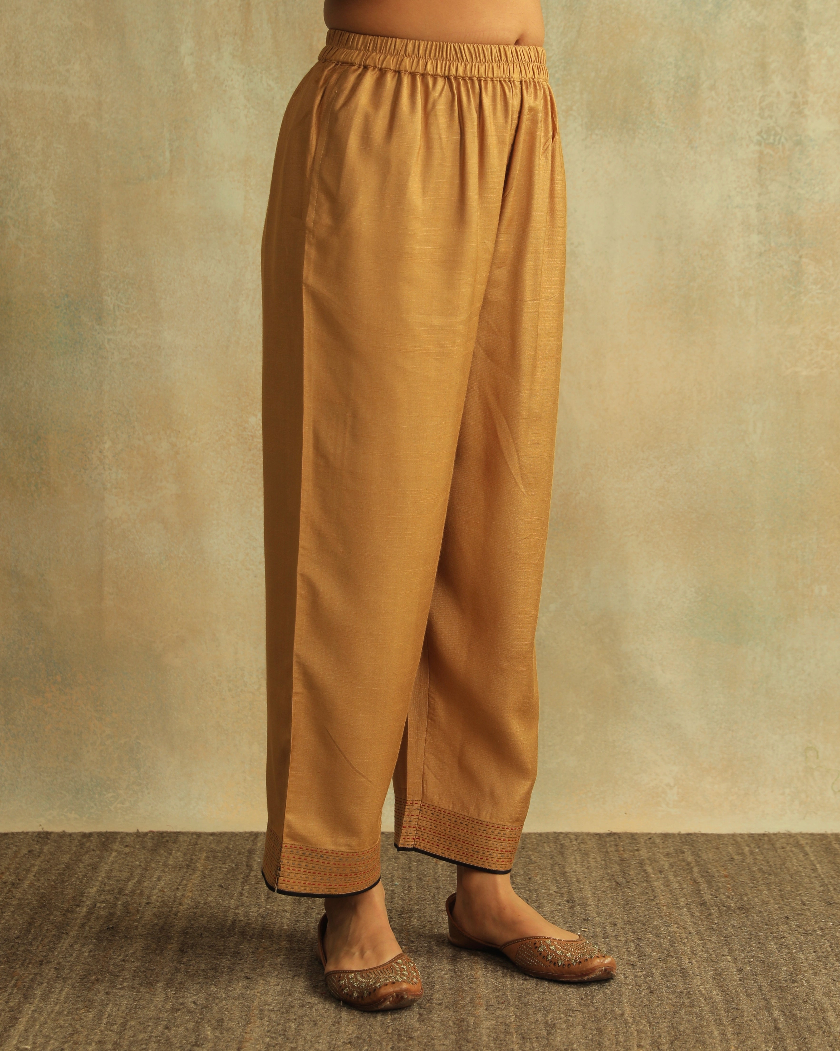 Pratha Badami Straight-Fit Cotton Silk Pant With Soof Hand Embroidery