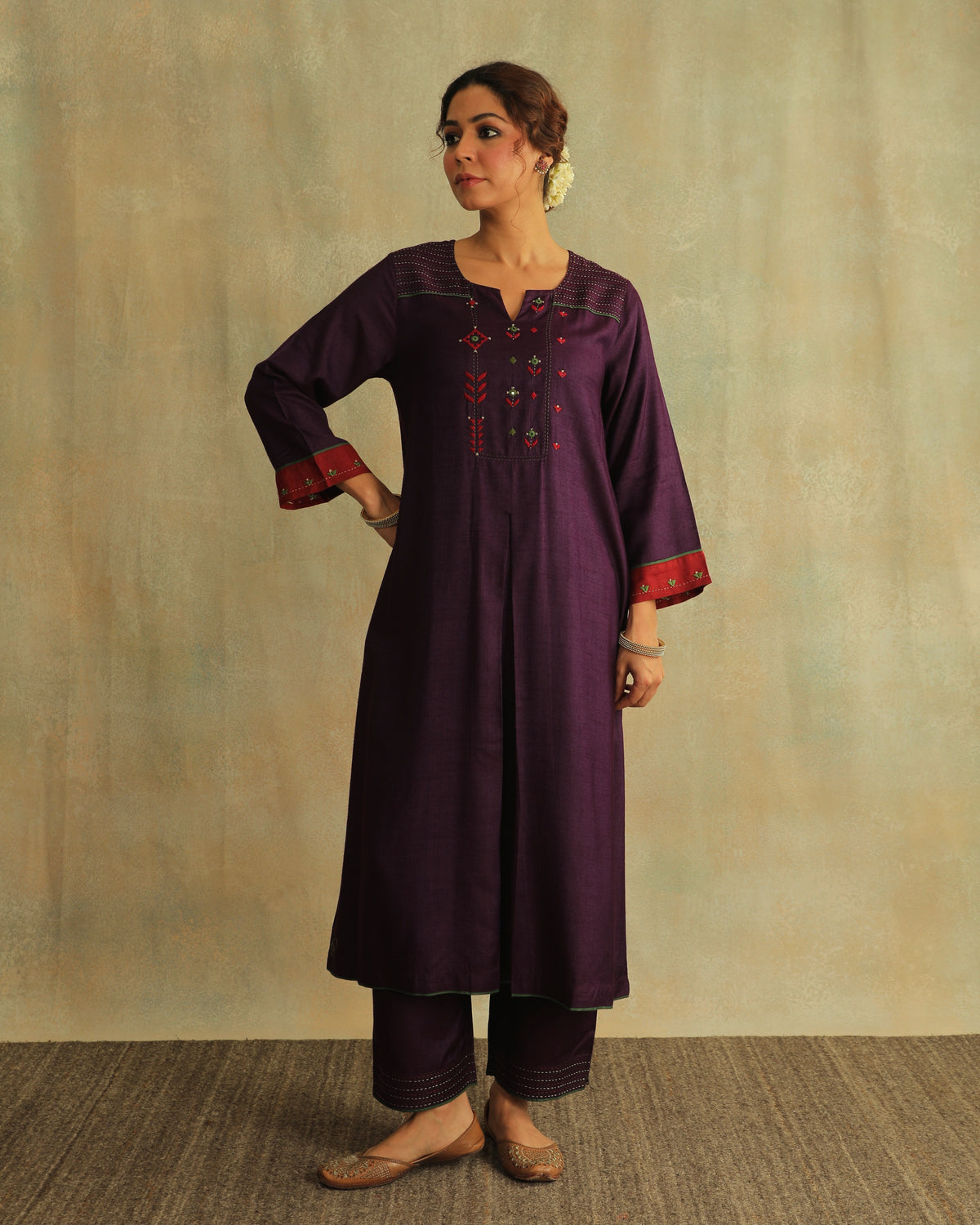 Pratha Jamuni Flared Cotton-Silk Kurta With Soof Hand Embroidery