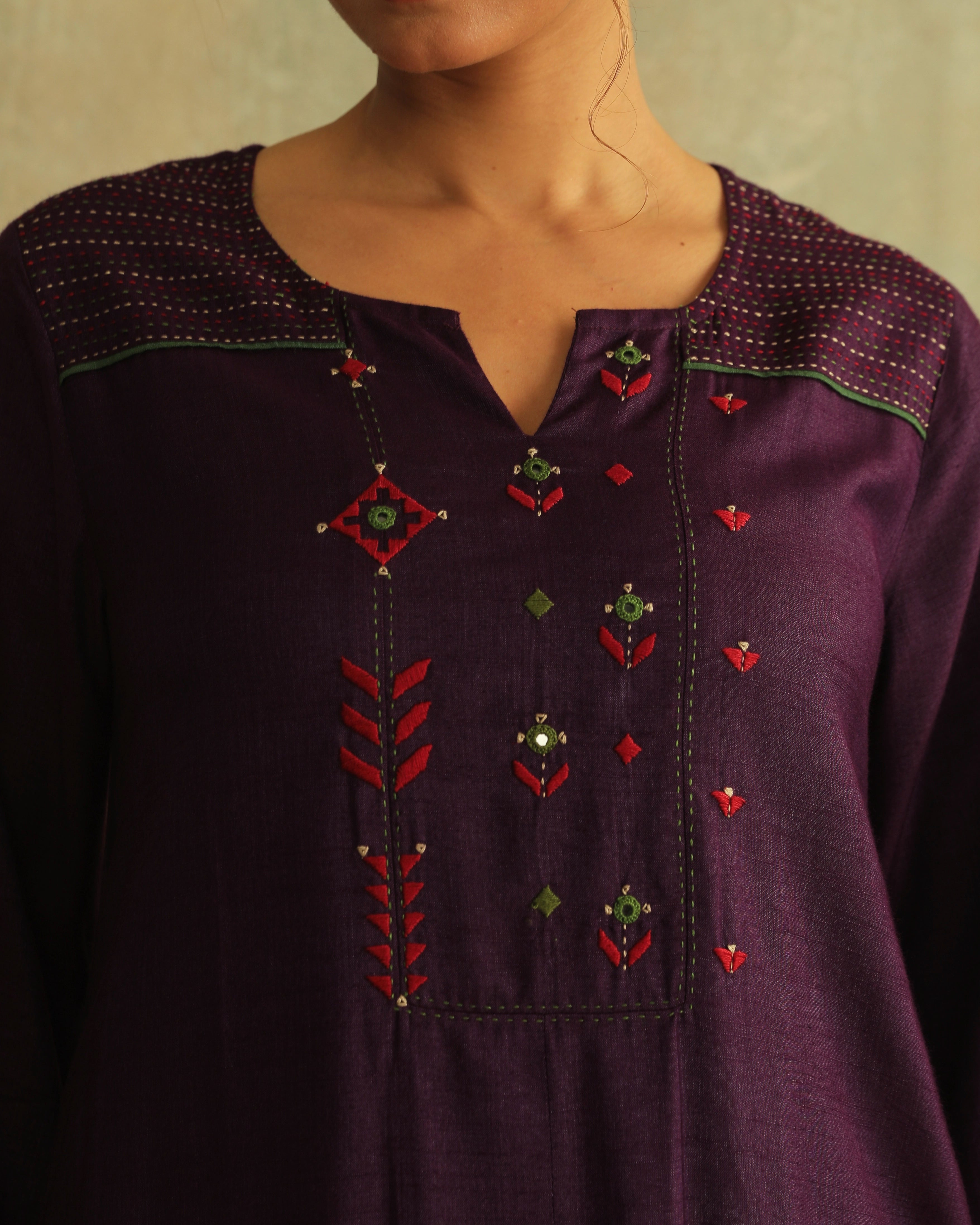 Pratha Jamuni Flared Cotton-Silk Kurta With Soof Hand Embroidery