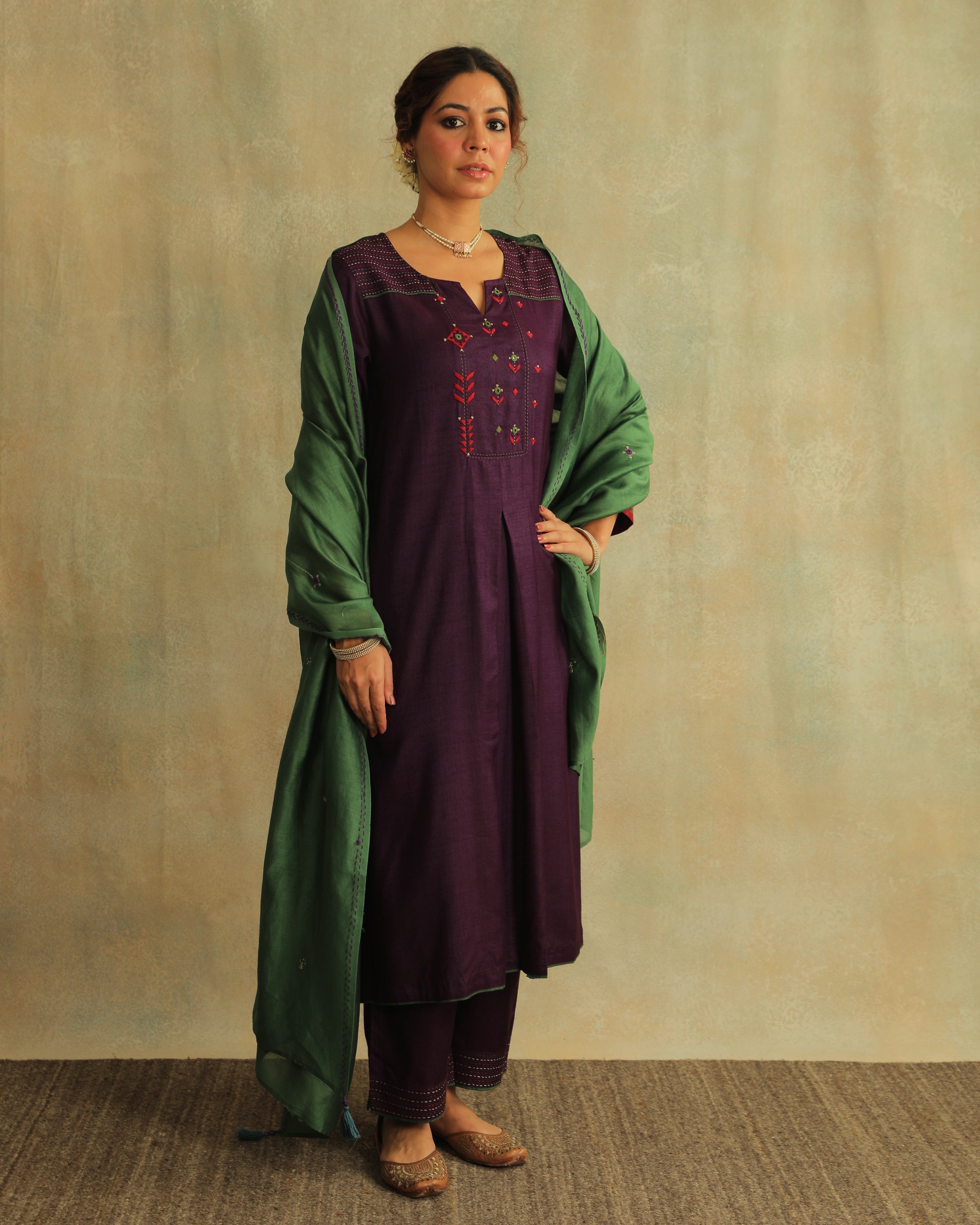 Pratha Jamuni Flared Cotton-Silk Kurta With Soof Hand Embroidery