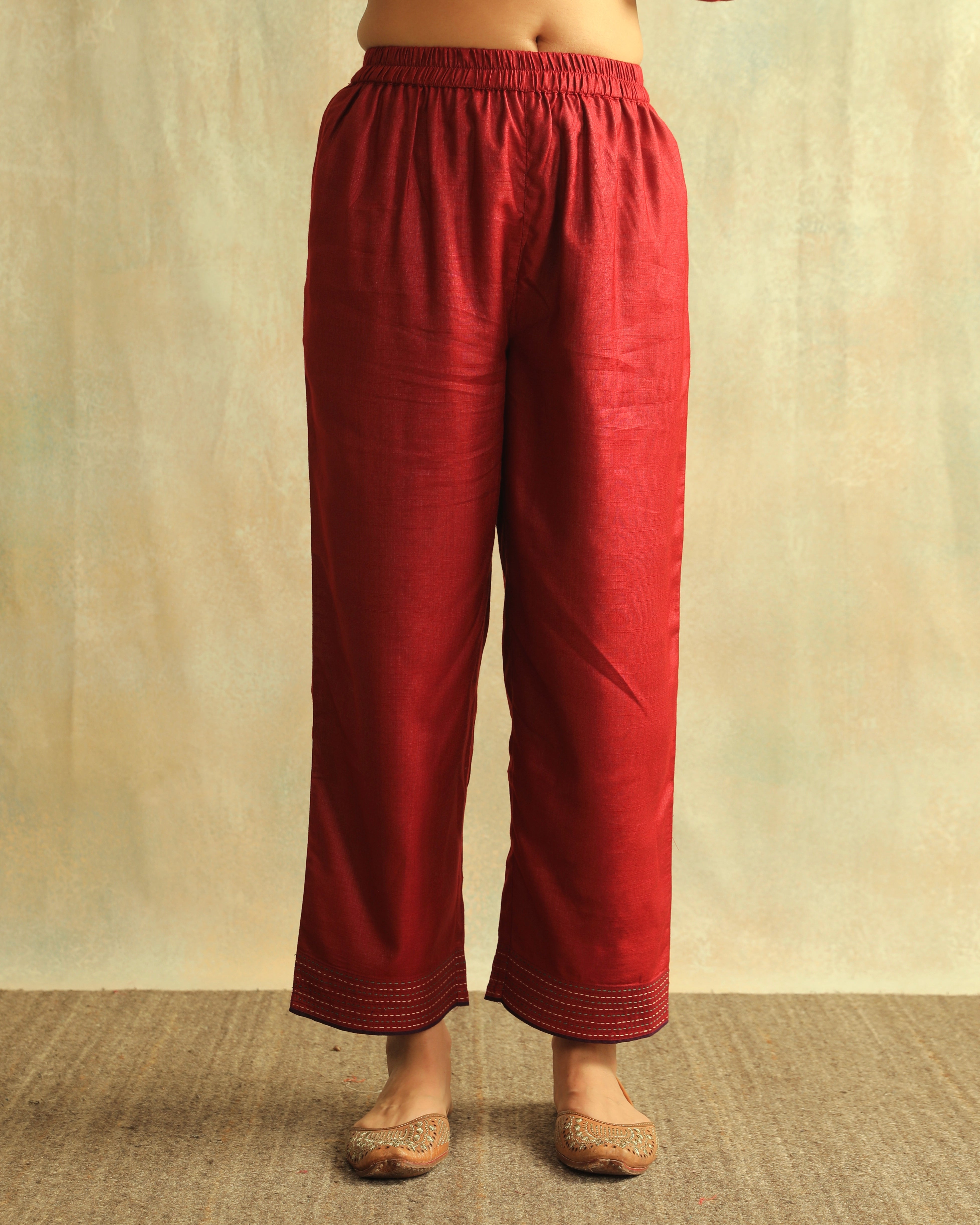 Pratha Maroon Straight-Fit Cotton Silk Pant With Soof Hand Embroidery