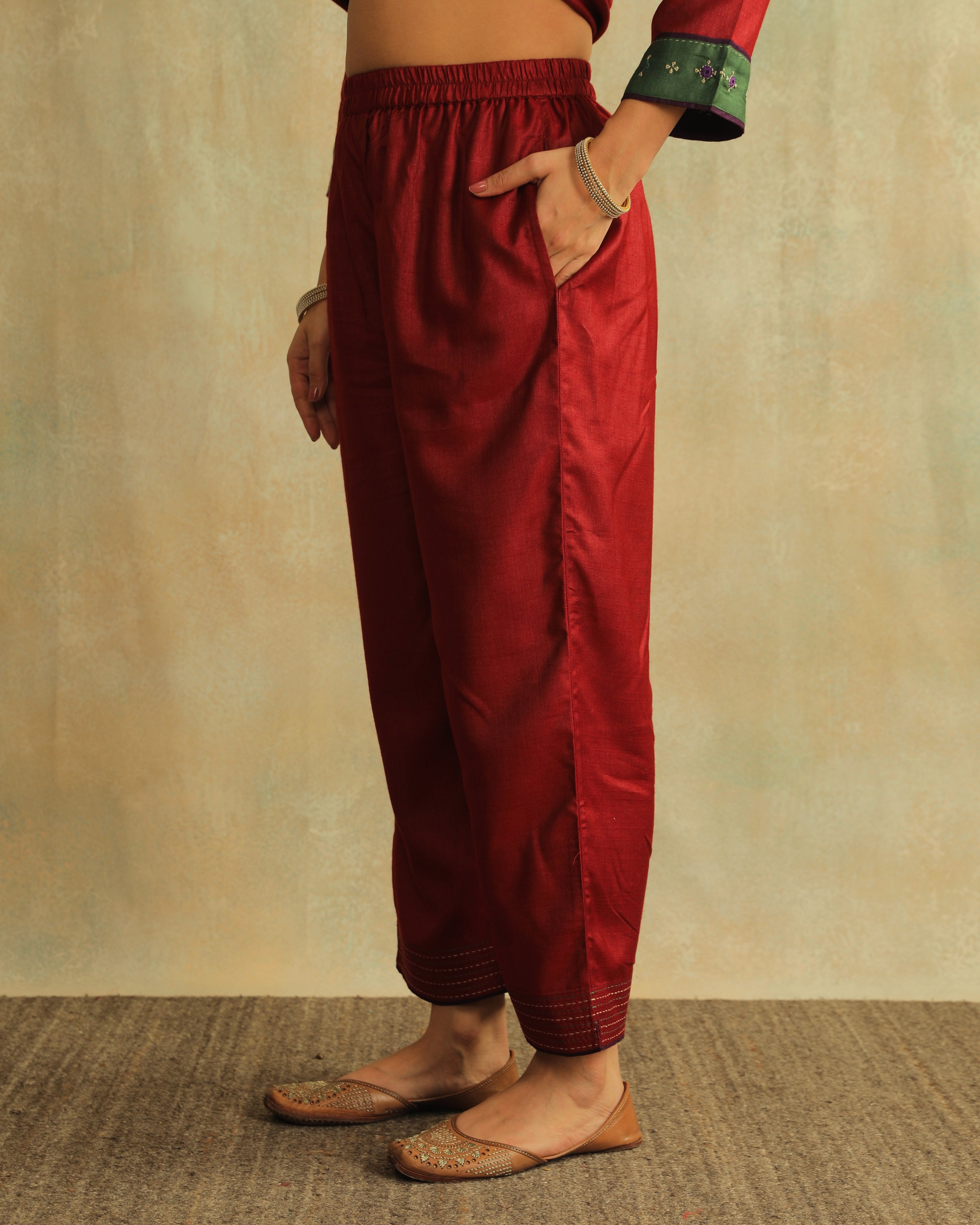 Pratha Maroon Straight-Fit Cotton Silk Pant With Soof Hand Embroidery