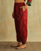 Pratha Maroon Straight-Fit Cotton Silk Pant With Soof Hand Embroidery