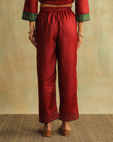Pratha Maroon Straight-Fit Cotton Silk Pant With Soof Hand Embroidery