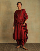 Pratha Maroon Round-Neck Cotton-Silk Kurta With Soof Hand Embroidery