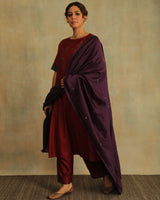 Pratha Maroon Round-Neck Cotton-Silk Kurta With Soof Hand Embroidery