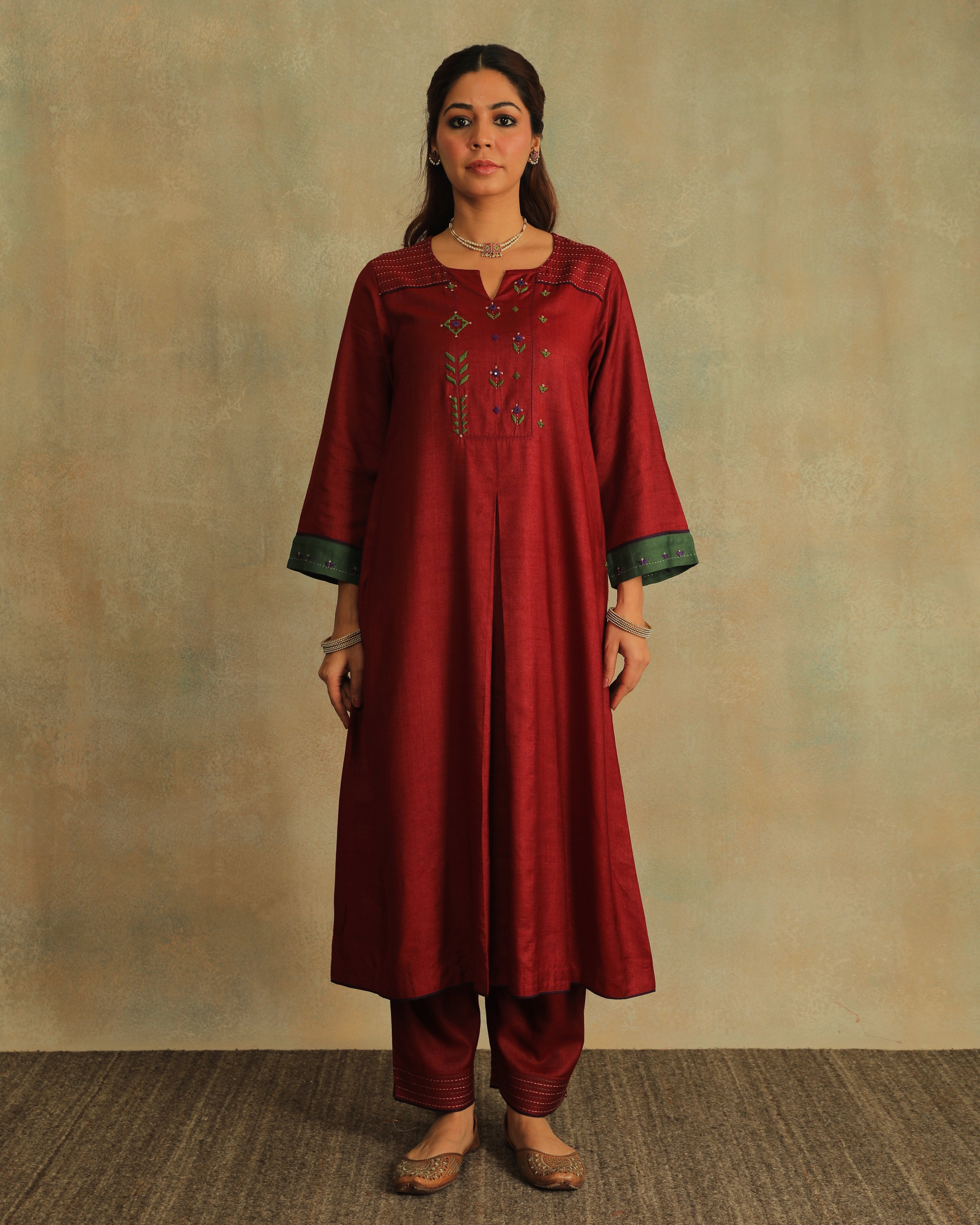 Pratha Maroon Flared Cotton-Silk Kurta With Soof Hand Embroidery