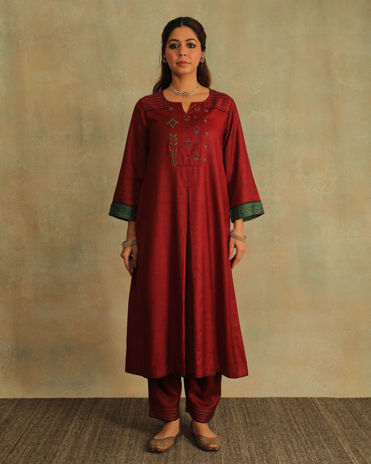 Pratha Maroon Flared Cotton-Silk Kurta With Soof Hand Embroidery