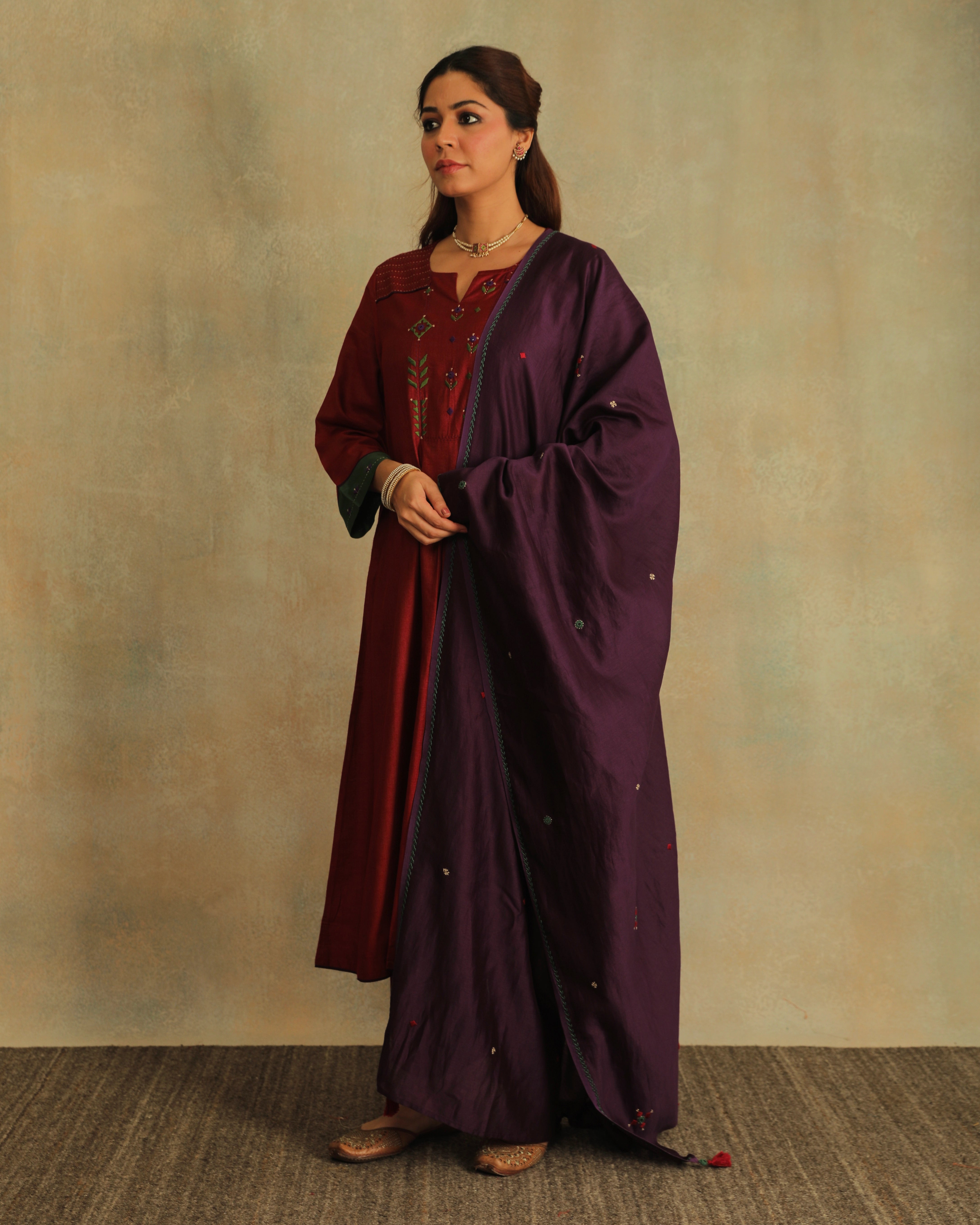Pratha Maroon Flared Cotton-Silk Kurta With Soof Hand Embroidery