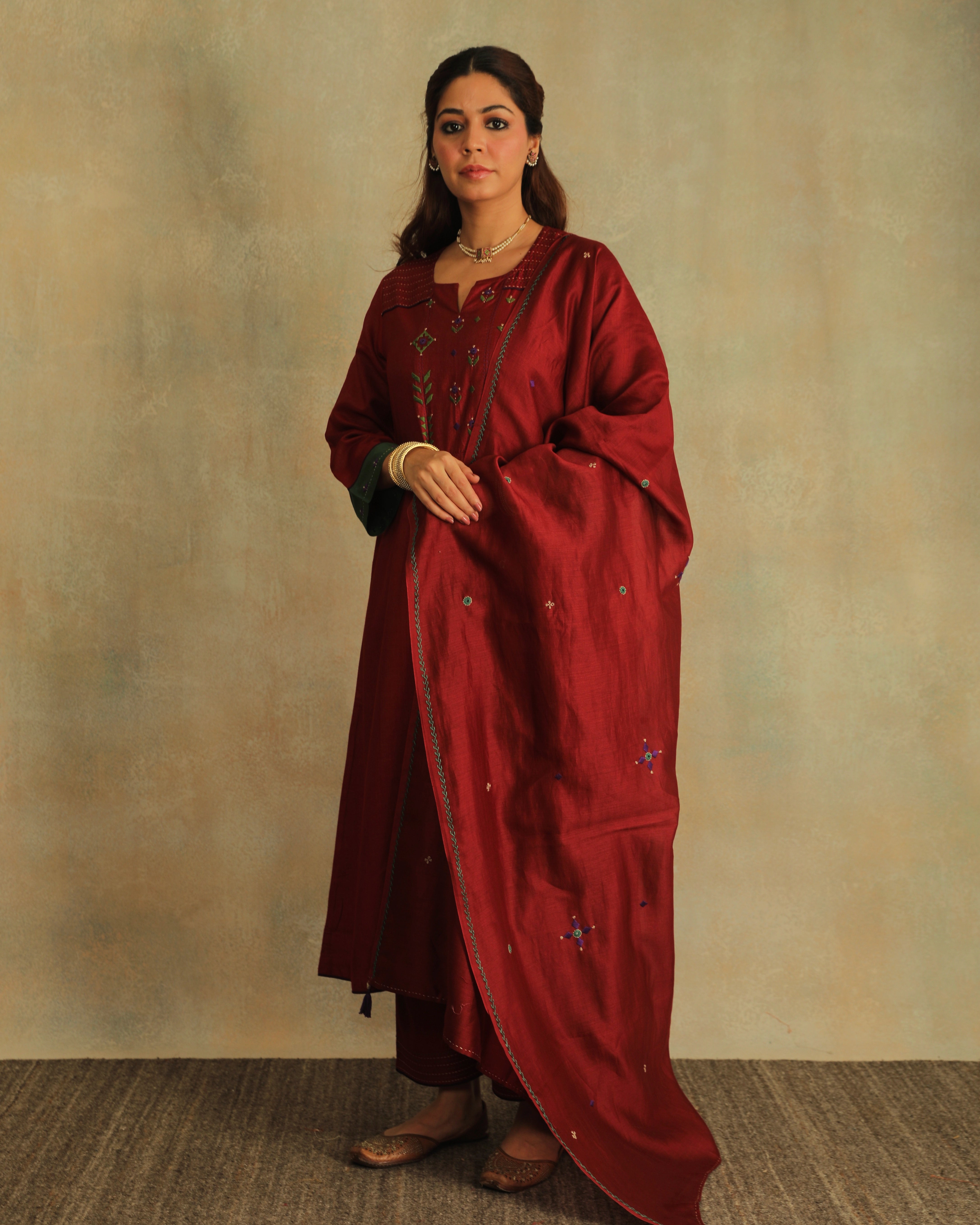 Pratha Maroon Flared Cotton-Silk Kurta With Soof Hand Embroidery