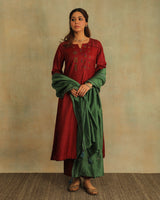 Pratha Maroon Flared Cotton-Silk Kurta With Soof Hand Embroidery