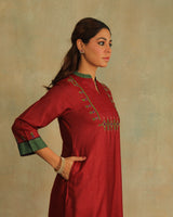 Pratha Maroon A-Line Cotton-Silk Kurta With Soof Hand Embroidery