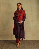 Pratha Maroon A-Line Cotton-Silk Kurta With Soof Hand Embroidery