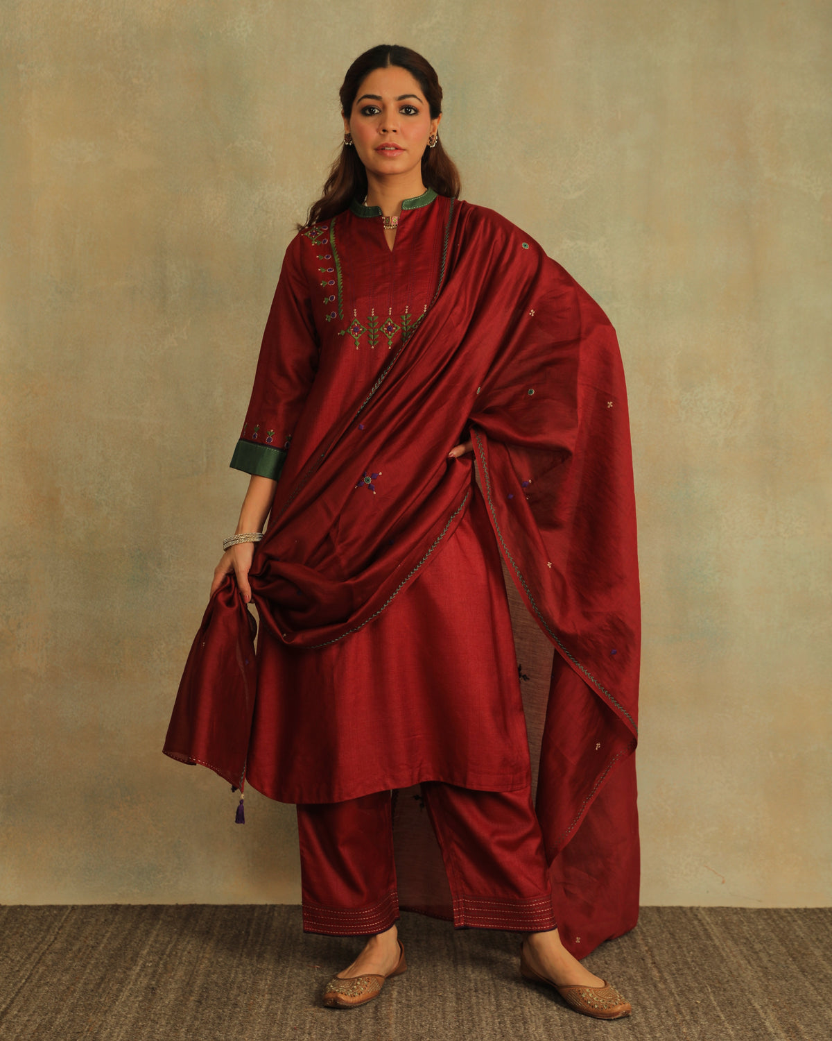 Pratha Maroon Chanderi Dupatta With Soof Hand Embroidery