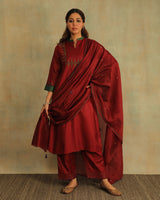 Pratha Maroon A-Line Cotton-Silk Kurta With Soof Hand Embroidery