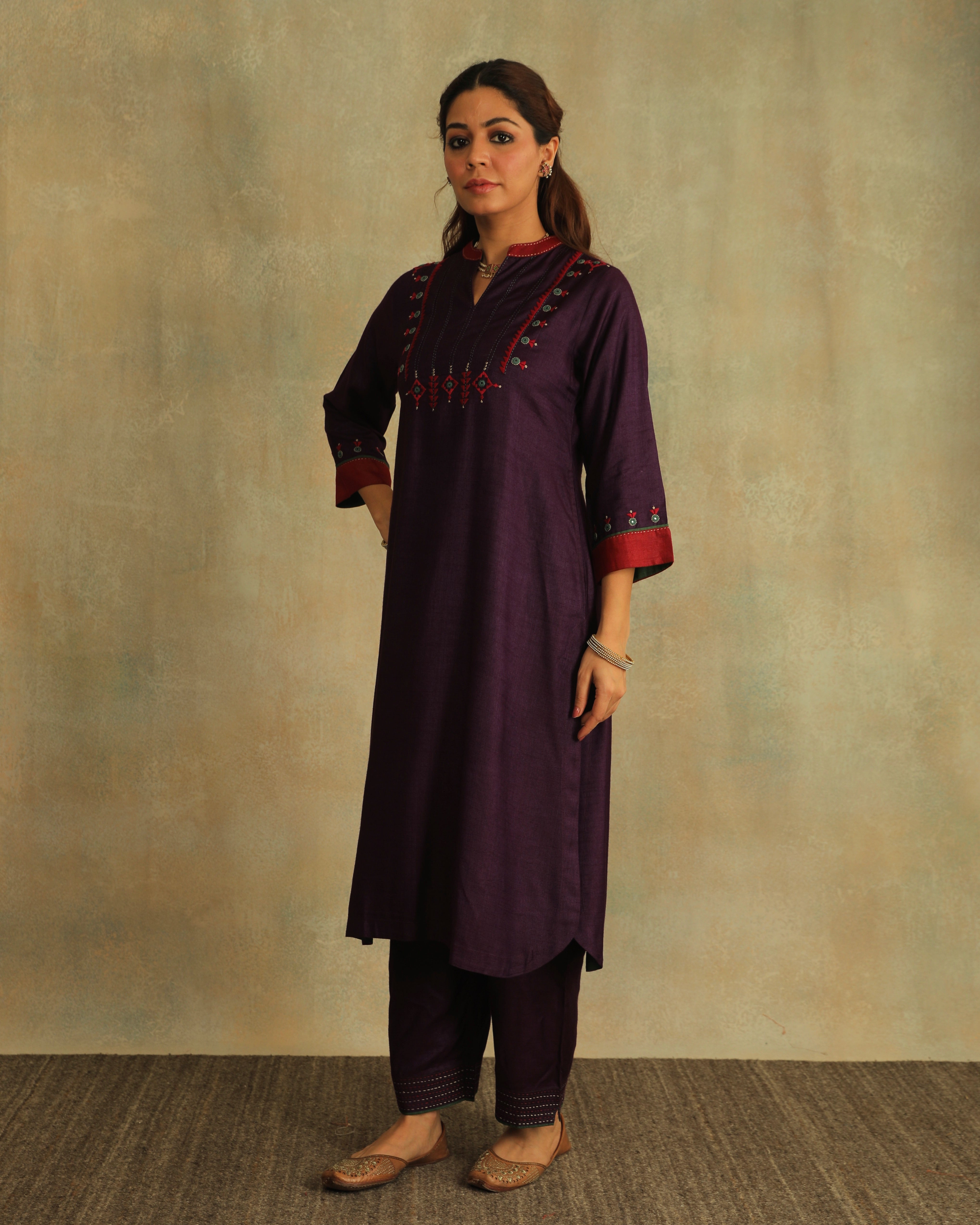 Pratha Jamuni  A-Line Cotton-Silk Kurta With Soof Hand Embroidery