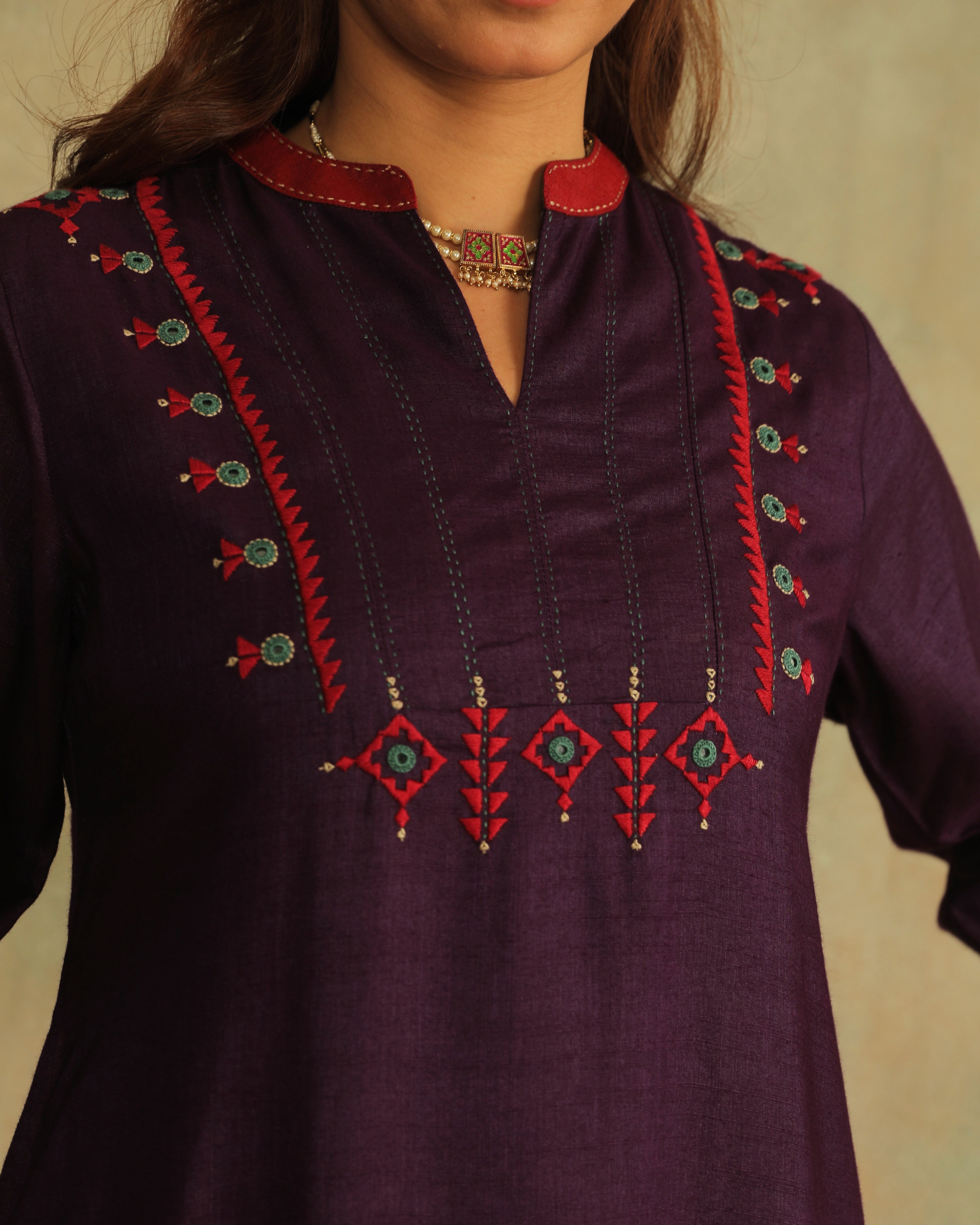 Pratha Jamuni  A-Line Cotton-Silk Kurta With Soof Hand Embroidery