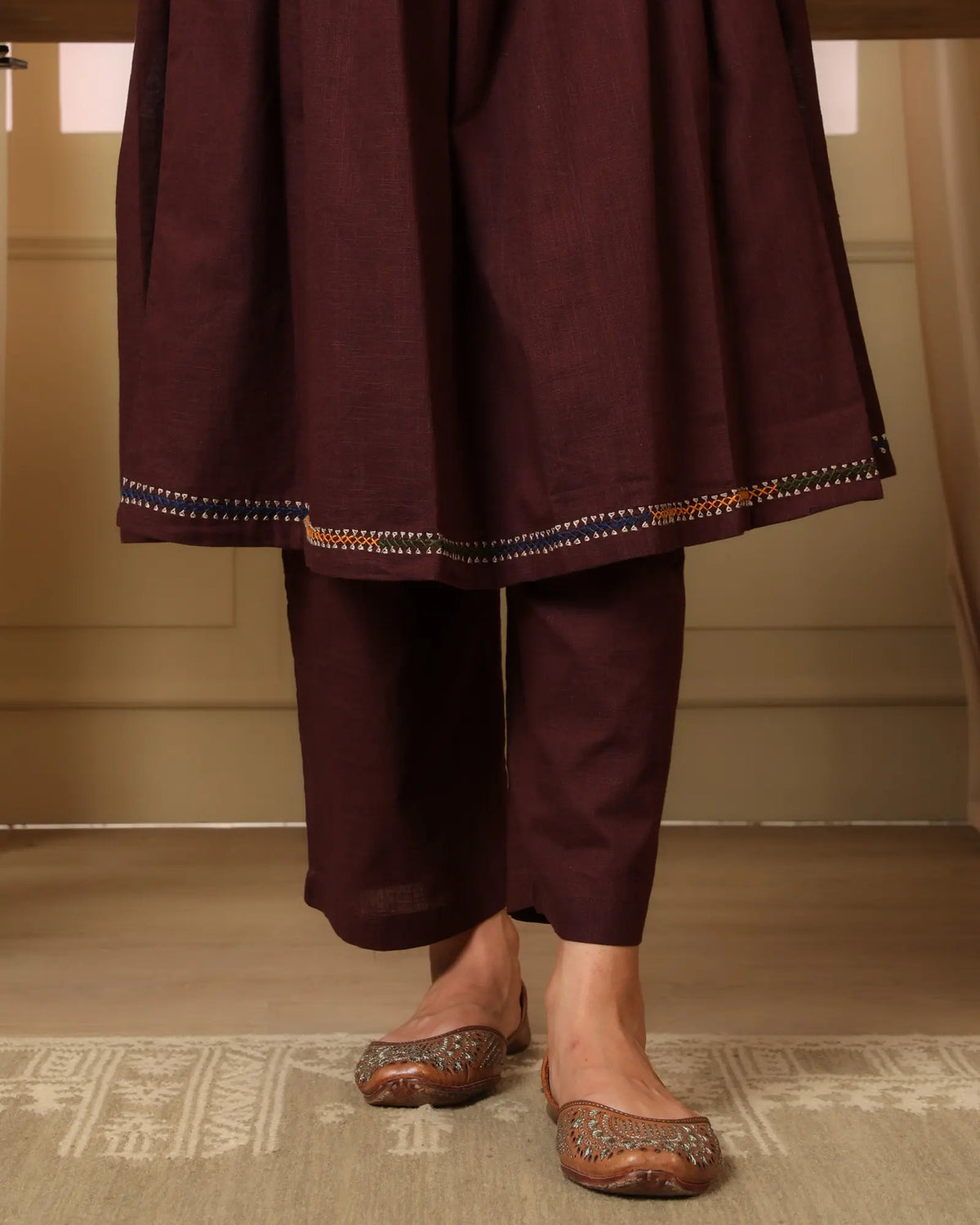 Kaanch Brown Straight-Fit Cotton Pant With Kantha Hand Embroidery