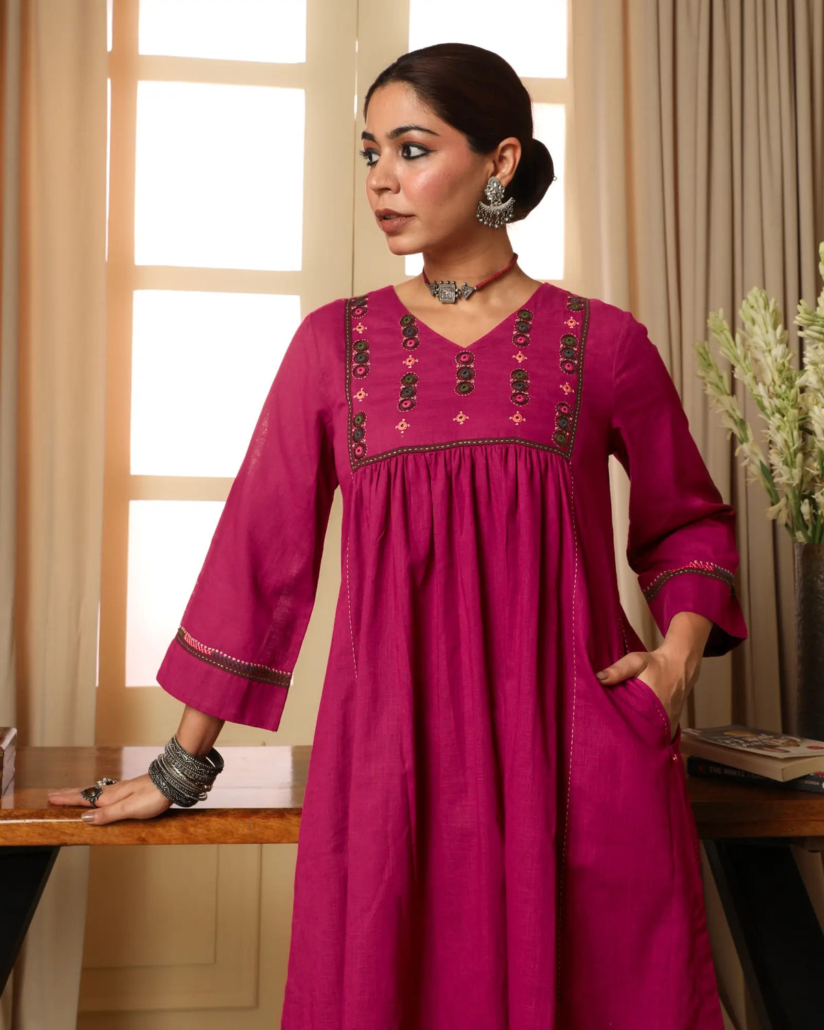 Kaanch Pink Front-Yoke Cotton Kurta With Pacca Hand Embroidery