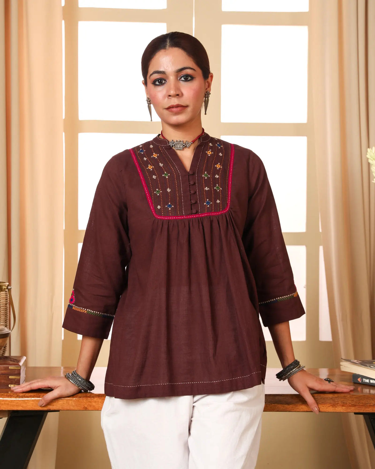 Kaanch Brown Front-Yoke Cotton Top With Pacca Hand Embroidery