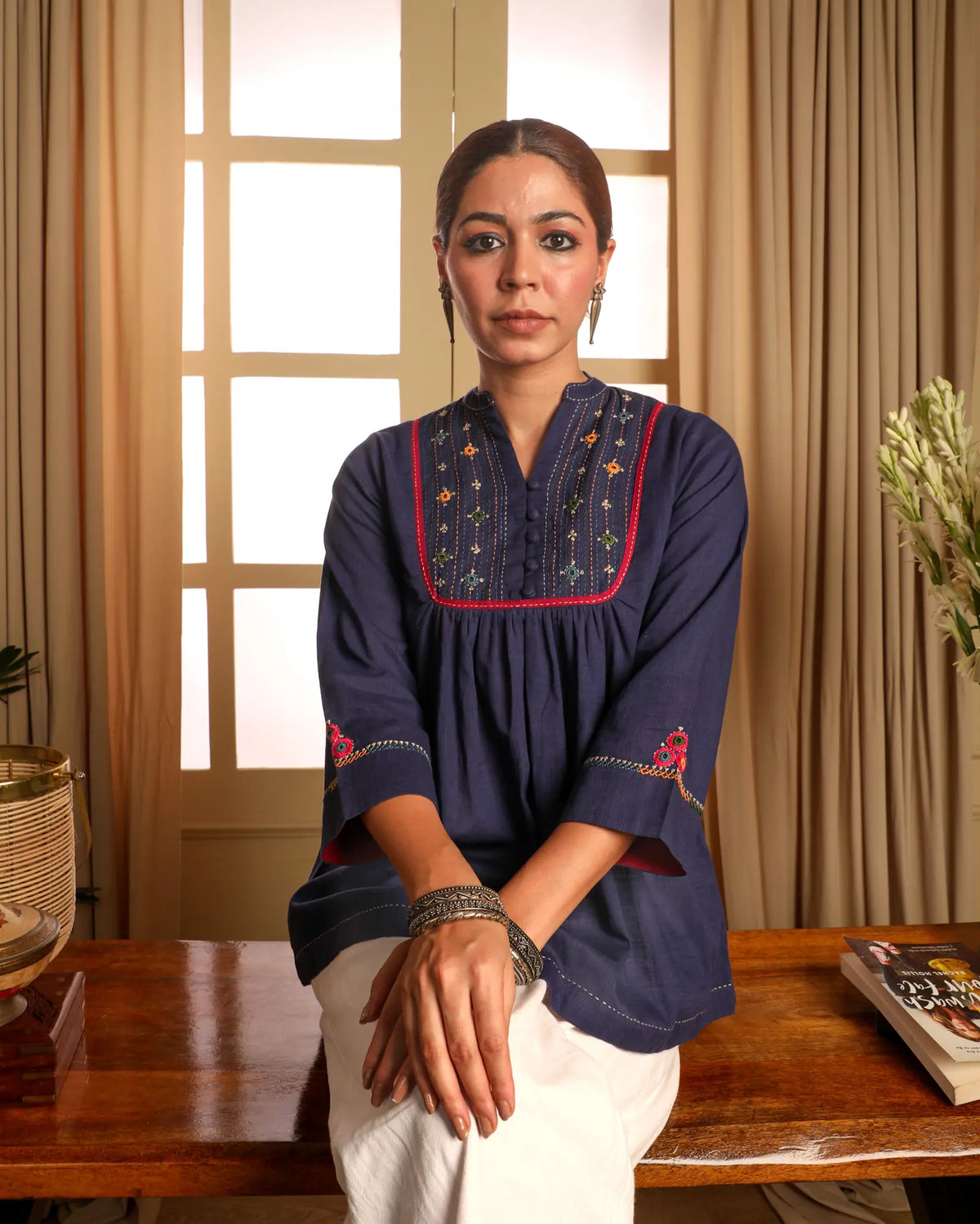 Kaanch Blue Front-Yoke Cotton Top With Pacca Hand Embroidery