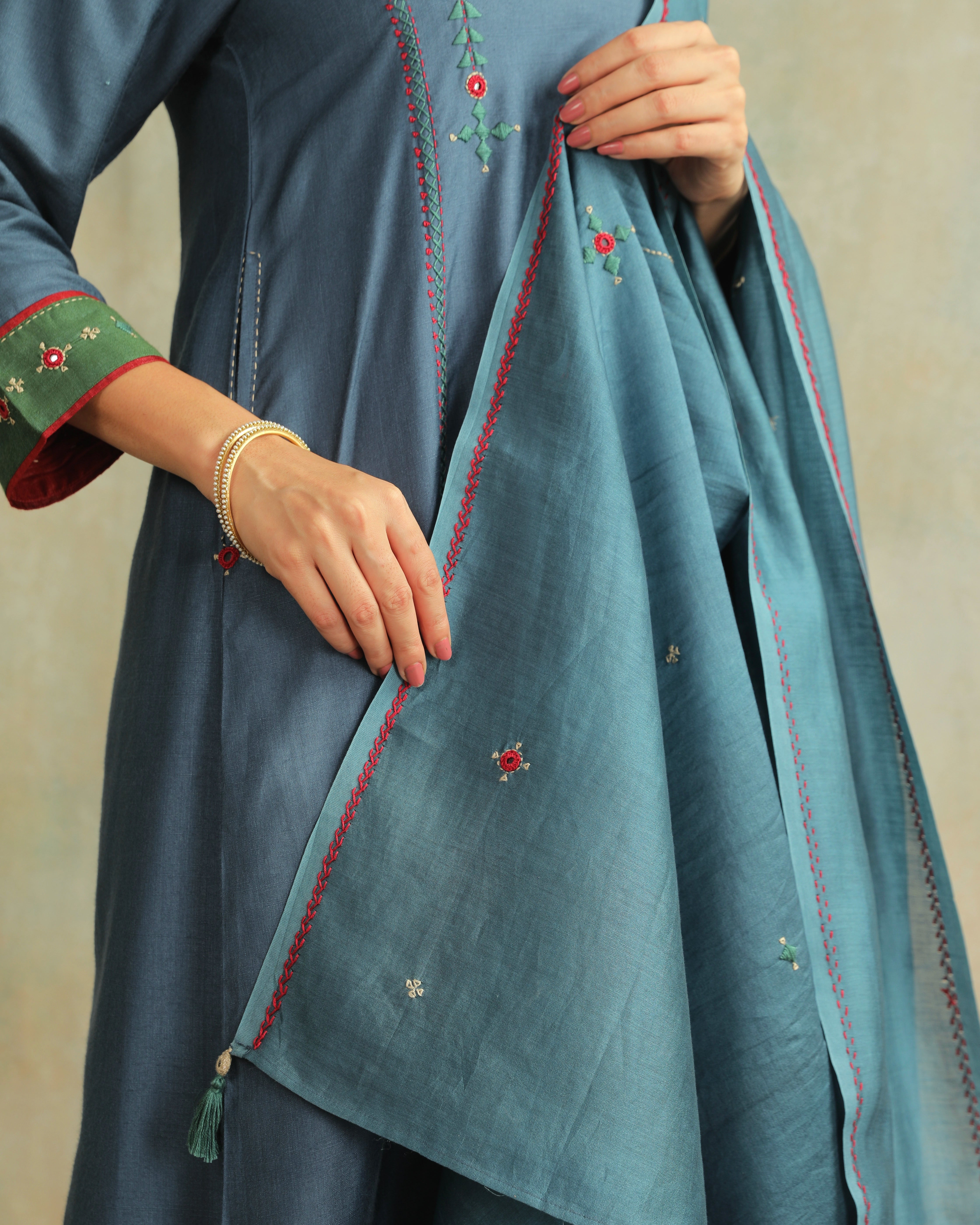 Pratha Blue Chanderi Dupatta With Soof Hand Embroidery