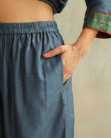 Pratha Blue Straight-Fit Cotton Silk Pant With Soof Hand Embroidery
