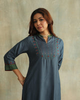 Pratha Blue A-Line Cotton-Silk Kurta With Soof Hand Embroidery