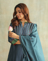 Pratha Blue A-Line Cotton-Silk Kurta With Soof Hand Embroidery