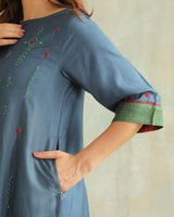 Pratha Blue Round-Neck Cotton-Silk Kurta With Soof Hand Embroidery