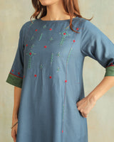 Pratha Blue Round-Neck Cotton-Silk Kurta With Soof Hand Embroidery