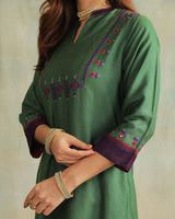 Pratha Green A-Line Cotton-Silk Kurta With Soof Hand Embroidery