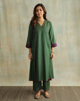 Pratha Green V-Neck Cotton-Silk Kurta With Soof Hand Embroidery