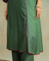 Pratha Green V-Neck Cotton-Silk Kurta With Soof Hand Embroidery
