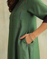 Pratha Green Round-Neck Cotton-Silk Kurta With Soof Hand Embroidery