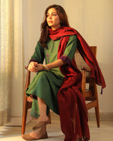 Pratha Green Round-Neck Cotton-Silk Kurta With Soof Hand Embroidery