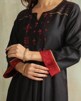 Pratha Black Flared Cotton-Silk Kurta With Soof Hand Embroidery