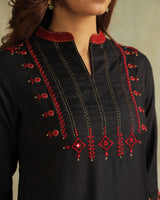 Pratha Black A-Line Cotton-Silk Kurta With Soof Hand Embroidery