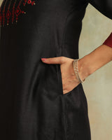 Pratha Black A-Line Cotton-Silk Kurta With Soof Hand Embroidery