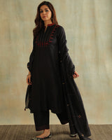 Pratha Black A-Line Cotton-Silk Kurta With Soof Hand Embroidery