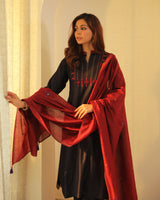 Pratha Black A-Line Cotton-Silk Kurta With Soof Hand Embroidery