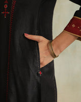 Pratha Black V-Neck Cotton-Silk Kurta With Soof Hand Embroidery