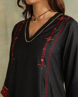 Pratha Black V-Neck Cotton-Silk Kurta With Soof Hand Embroidery