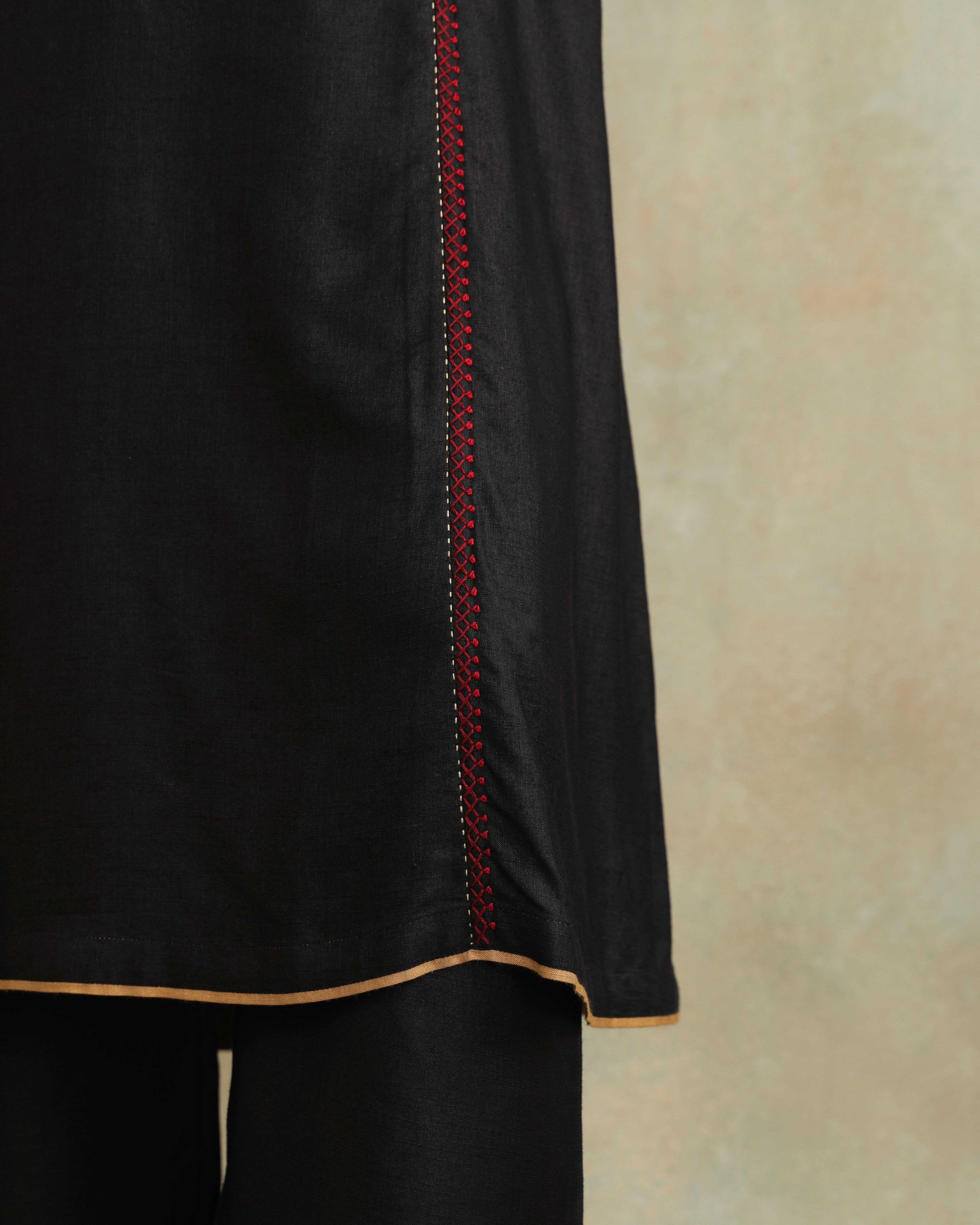 Pratha Black V-Neck Cotton-Silk Kurta With Soof Hand Embroidery