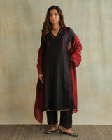 Pratha Black V-Neck Cotton-Silk Kurta With Soof Hand Embroidery