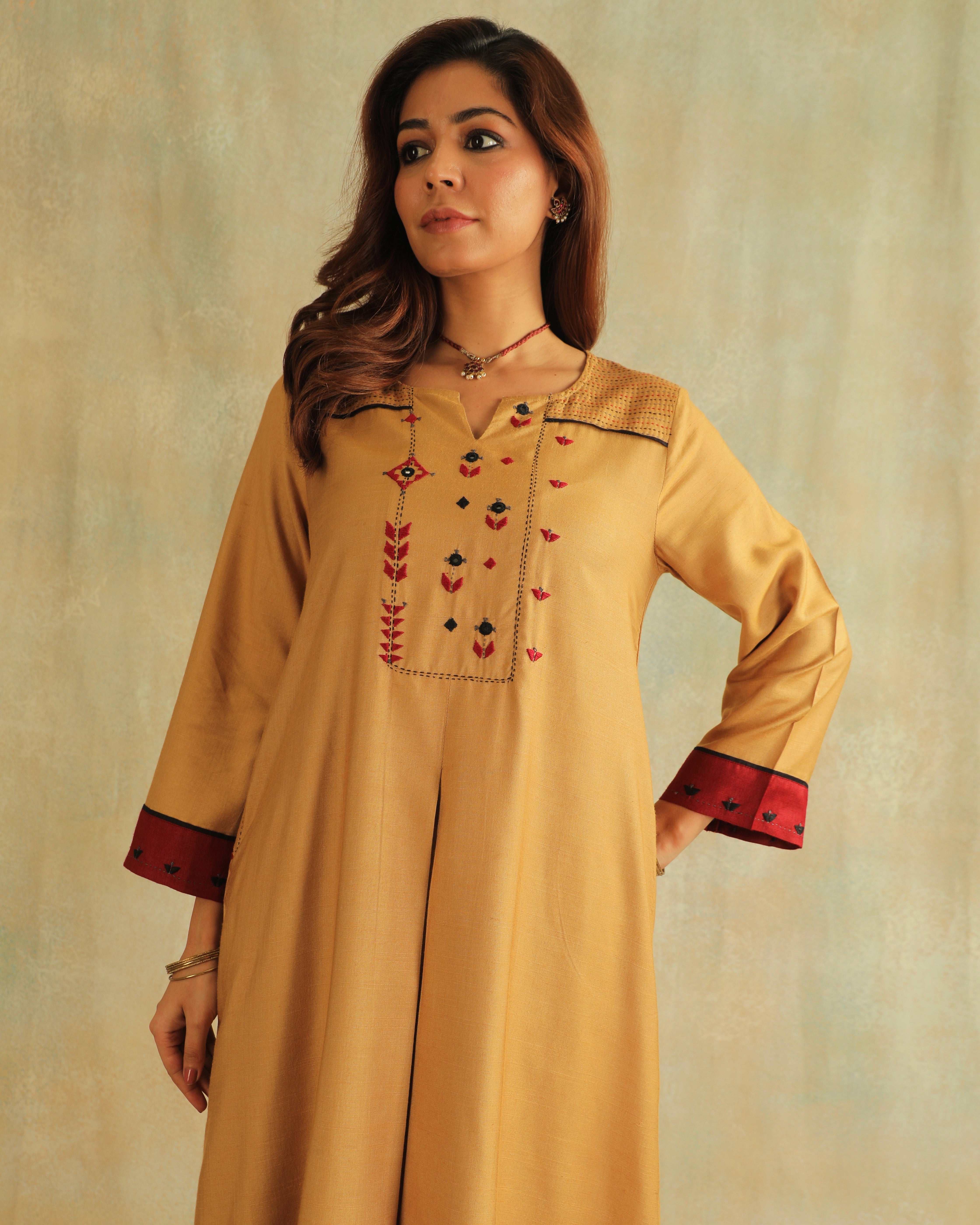 Pratha Badami Flared Cotton-Silk Kurta With Soof Hand Embroidery