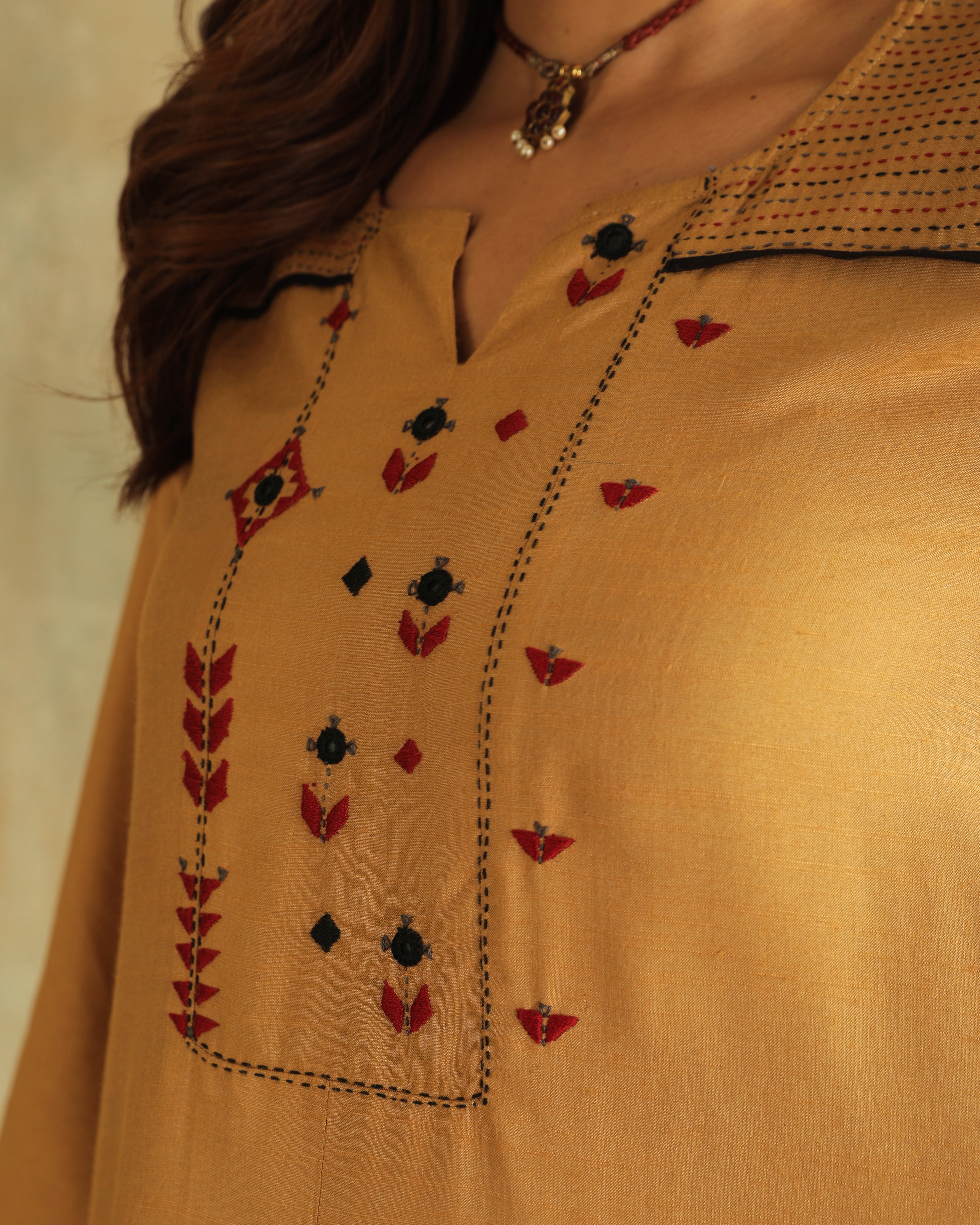 Pratha Badami Flared Cotton-Silk Kurta With Soof Hand Embroidery